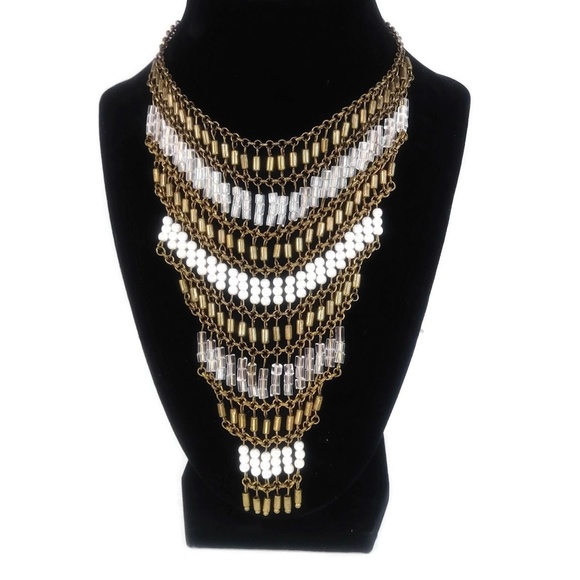 Vintage Jewelry - Bib Necklace  Glass& Metal Beads, Faux Pearls-